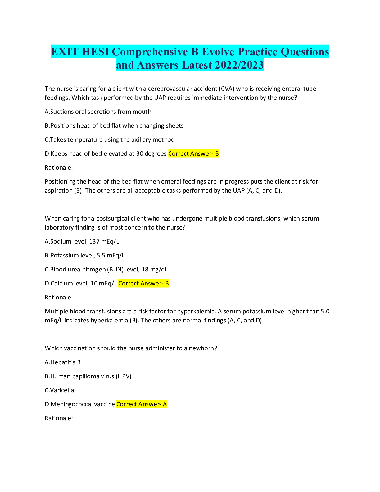 Preview image for EXIT HESI Comprehensive B Evolve Practice Questions and Answers Latest 2022/2023